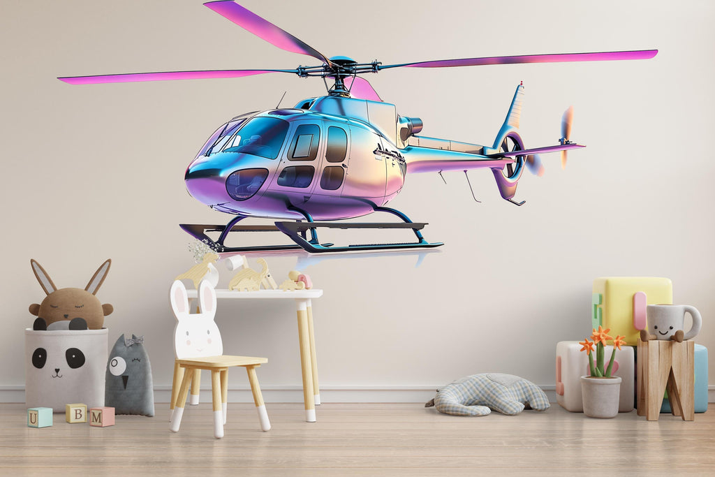 Colorful Helicopter Wall Decal | Gradient Aviation Kids Wall Art | Peel Stick Removable Sticker for Nursery & Playroom | Modern Helicopter