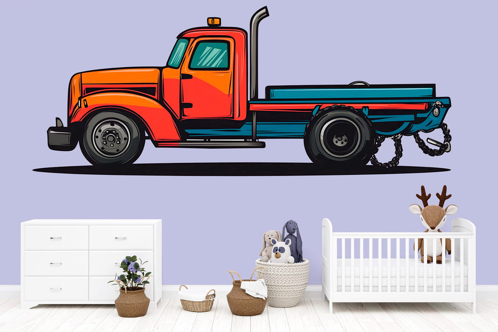 Colorful Tow Truck Wall Decal for Kids | Bold Cartoon Tow Truck Nursery Wall Sticker | Large Removable Peel & Stick Boys Room Mural