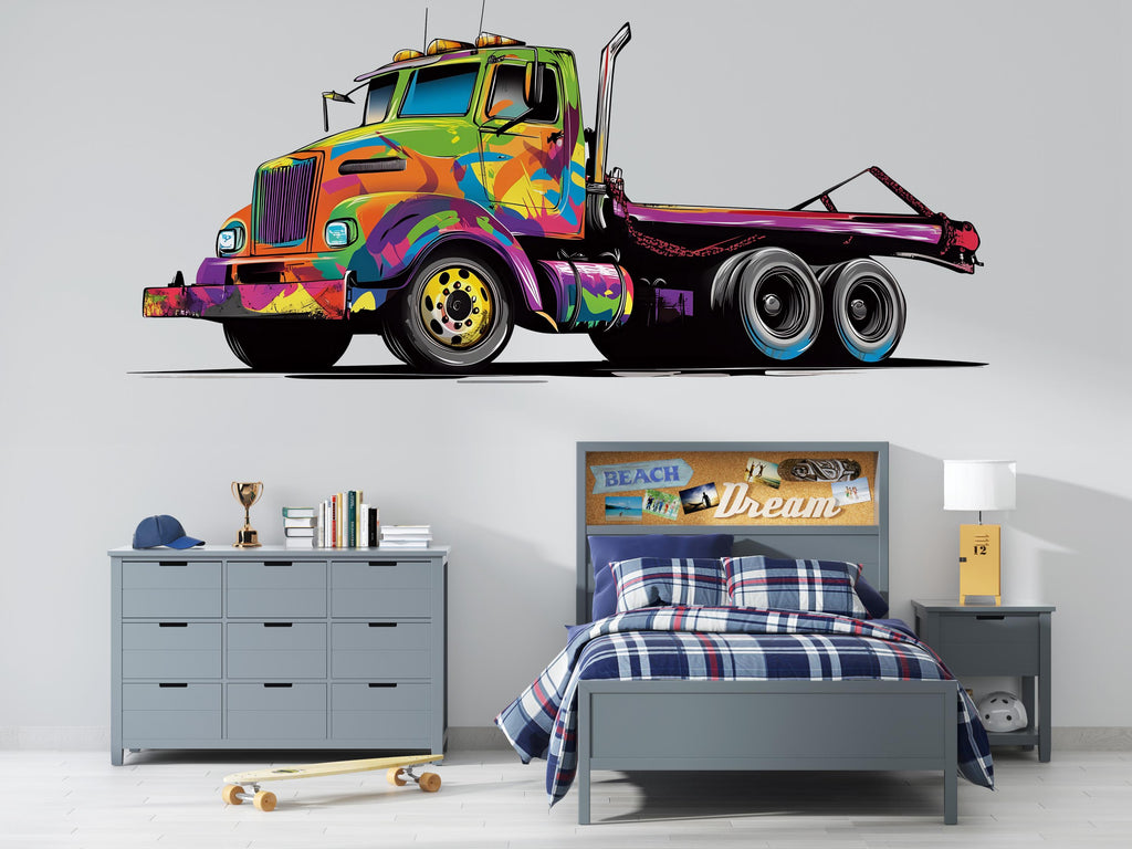Colorful Graffiti Tow Truck Wall Decal for Kids | Bright Truck Wall Sticker for Boys Bedroom | Large Removable Peel & Stick Vehicle Mural
