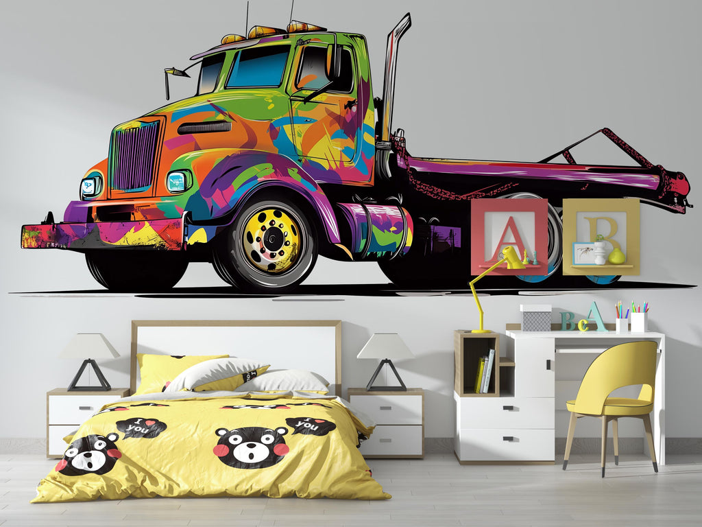 Colorful Graffiti Tow Truck Wall Decal for Kids | Bright Truck Wall Sticker for Boys Bedroom | Large Removable Peel & Stick Vehicle Mural