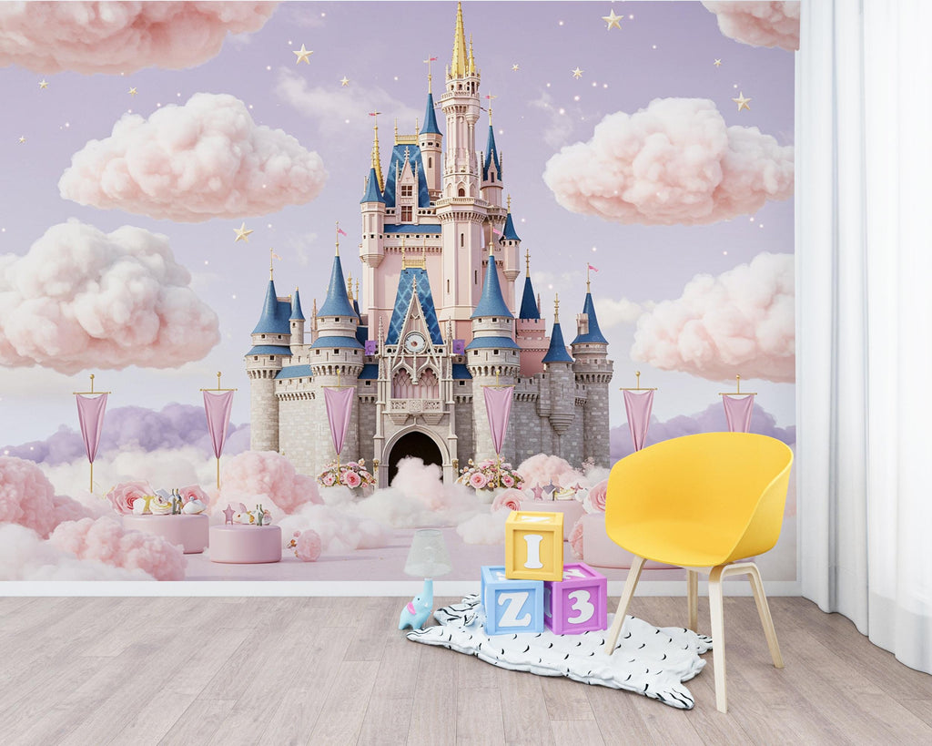 Princess Castle Wallpaper | Watercolor Cloud Wonderland Wall Mural | Fairytale Castle Palace Kids Room Decor | Magical Fairytale Art 217DE