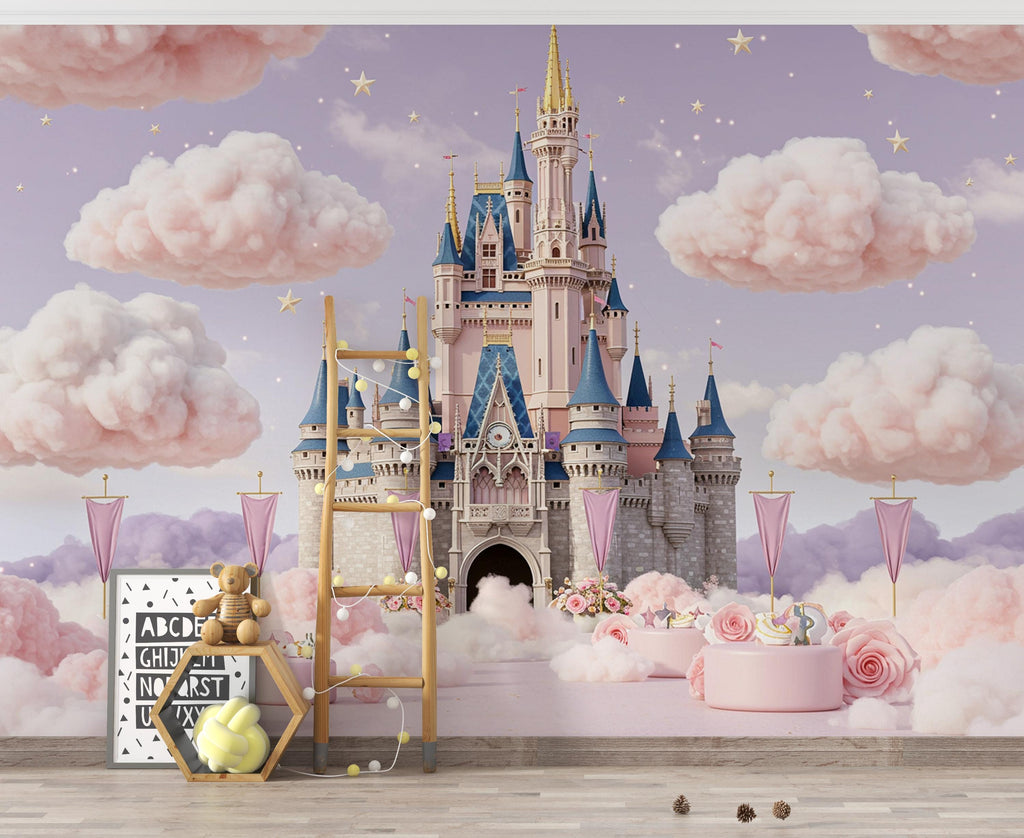 Princess Castle Wallpaper | Watercolor Cloud Wonderland Wall Mural | Fairytale Castle Palace Kids Room Decor | Magical Fairytale Art 217DE