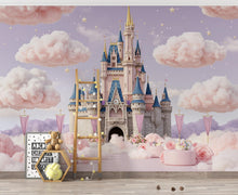 Load image into Gallery viewer, Princess Castle Wallpaper | Watercolor Cloud Wonderland Wall Mural | Fairytale Castle Palace Kids Room Decor | Magical Fairytale Art 217DE