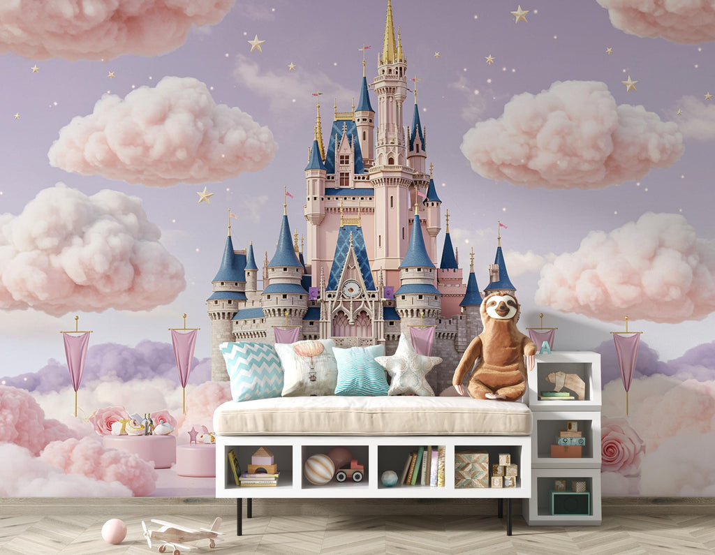 Princess Castle Wallpaper | Watercolor Cloud Wonderland Wall Mural | Fairytale Castle Palace Kids Room Decor | Magical Fairytale Art 217DE
