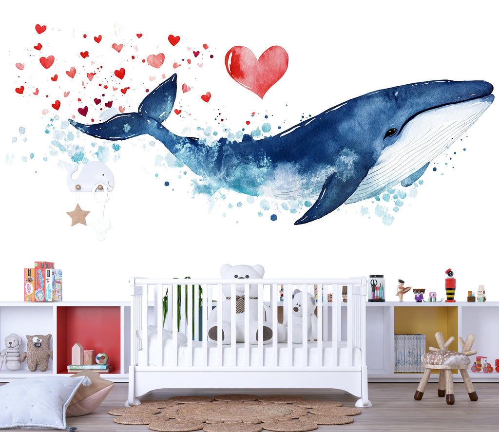 Blue Whale Wall Decal with Hearts | Nursery Ocean Wall Sticker for Kids | Large Peel & Stick Whale Mural | Cute Valentine Whale Decor