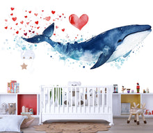 Load image into Gallery viewer, Blue Whale Wall Decal with Hearts | Nursery Ocean Wall Sticker for Kids | Large Peel &amp; Stick Whale Mural | Cute Valentine Whale Decor