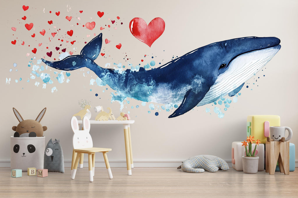 Blue Whale Wall Decal with Hearts | Nursery Ocean Wall Sticker for Kids | Large Peel & Stick Whale Mural | Cute Valentine Whale Decor