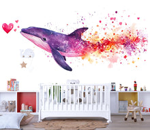 Load image into Gallery viewer, Galaxy Whale Wall Decal with Hearts | Watercolor Space Whale Nursery Wall Sticker | Colorful Peel &amp; Stick Kids Mural | Baby Room Ocean Decor