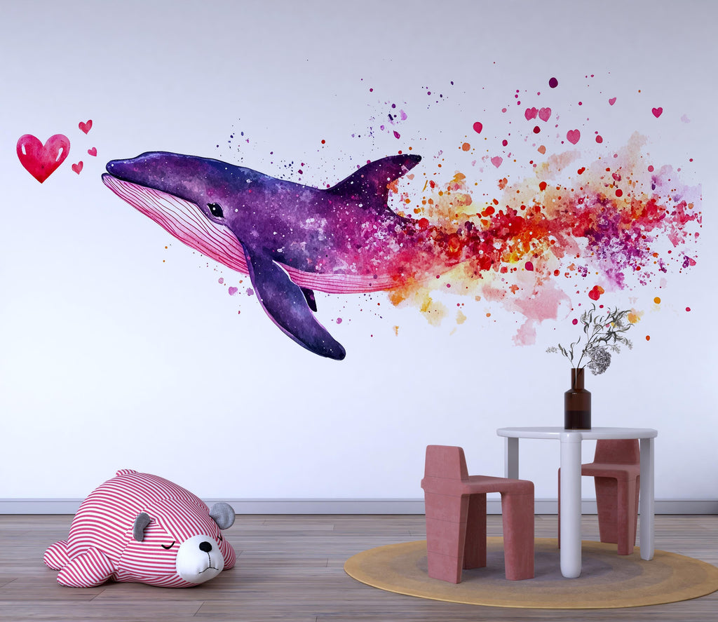 Galaxy Whale Wall Decal with Hearts | Watercolor Space Whale Nursery Wall Sticker | Colorful Peel & Stick Kids Mural | Baby Room Ocean Decor