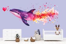 Load image into Gallery viewer, Galaxy Whale Wall Decal with Hearts | Watercolor Space Whale Nursery Wall Sticker | Colorful Peel &amp; Stick Kids Mural | Baby Room Ocean Decor