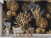 Load image into Gallery viewer, Gold Coral Restaurant Watercolor Wall Mural – Underwater Coral Peel stick decor Ocean wall decal, Fish art Kids Room or Nursery 1001RS
