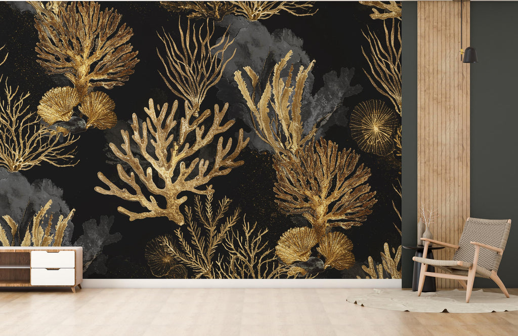 Gold Coral Restaurant Watercolor Wall Mural – Underwater Coral Peel stick decor Ocean wall decal, Fish art Kids Room or Nursery 1001RS