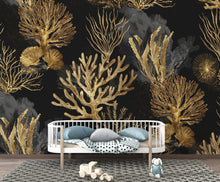 Load image into Gallery viewer, Gold Coral Restaurant Watercolor Wall Mural – Underwater Coral Peel stick decor Ocean wall decal, Fish art Kids Room or Nursery 1001RS