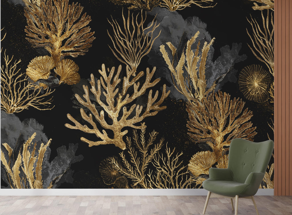 Gold Coral Restaurant Watercolor Wall Mural – Underwater Coral Peel stick decor Ocean wall decal, Fish art Kids Room or Nursery 1001RS