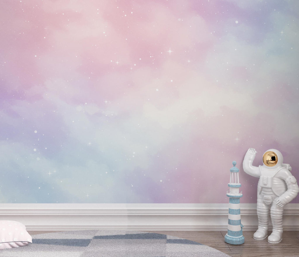 Pastel Space Nursery Wall Art, Watercolor Stars and Nebula Print, Soft Celestial Decor for Baby Room, Pink Blue Neutral Space Art 218DE