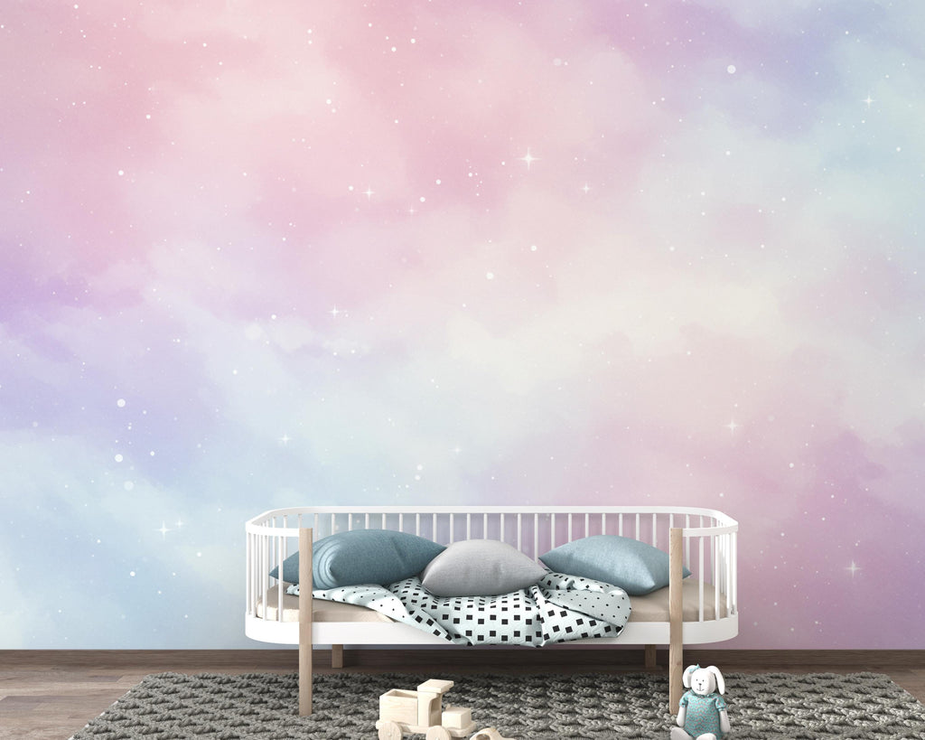 Pastel Space Nursery Wall Art, Watercolor Stars and Nebula Print, Soft Celestial Decor for Baby Room, Pink Blue Neutral Space Art 218DE