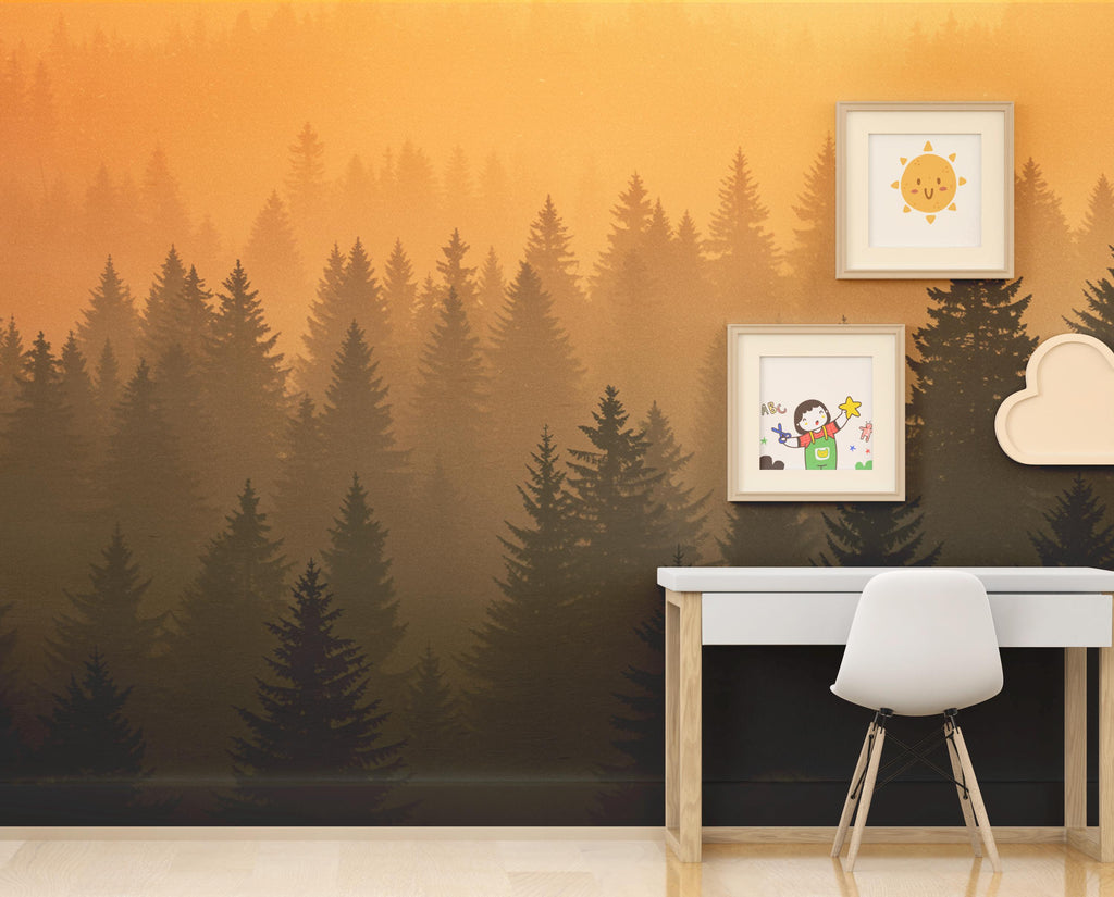 Dark Forest Wallpaper Mural, Dramatic Evergreen Tree Wall Art, Moody Green Woodland Decor, Luxury Painterly Nature Mural 219DE