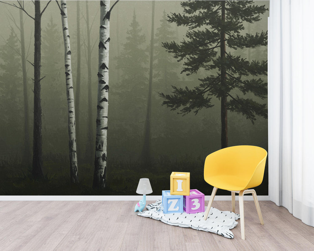 Moody Forest Wallpaper Mural, Birch and Pine Trees in Fog, Dark Olive Woodland Wall Art, Quiet Luxury Nature Decor 220DE