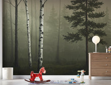 Load image into Gallery viewer, Moody Forest Wallpaper Mural, Birch and Pine Trees in Fog, Dark Olive Woodland Wall Art, Quiet Luxury Nature Decor 220DE