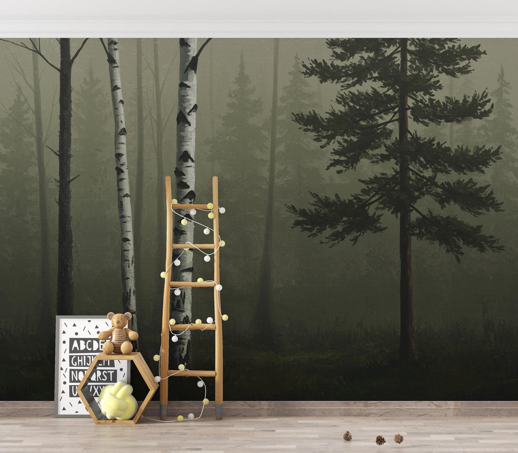 Moody Forest Wallpaper Mural, Birch and Pine Trees in Fog, Dark Olive Woodland Wall Art, Quiet Luxury Nature Decor 220DE