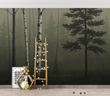 Load image into Gallery viewer, Moody Forest Wallpaper Mural, Birch and Pine Trees in Fog, Dark Olive Woodland Wall Art, Quiet Luxury Nature Decor 220DE