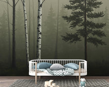 Load image into Gallery viewer, Moody Forest Wallpaper Mural, Birch and Pine Trees in Fog, Dark Olive Woodland Wall Art, Quiet Luxury Nature Decor 220DE