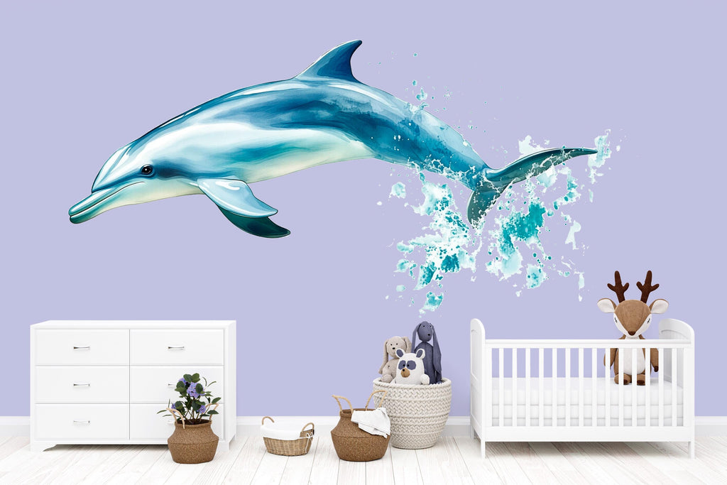 Watercolor Dolphin Wall Decal for Kids Room | Ocean Nursery Wall Sticker | Peel & Stick Sea Animal Mural | Baby Room Decor | Playroom
