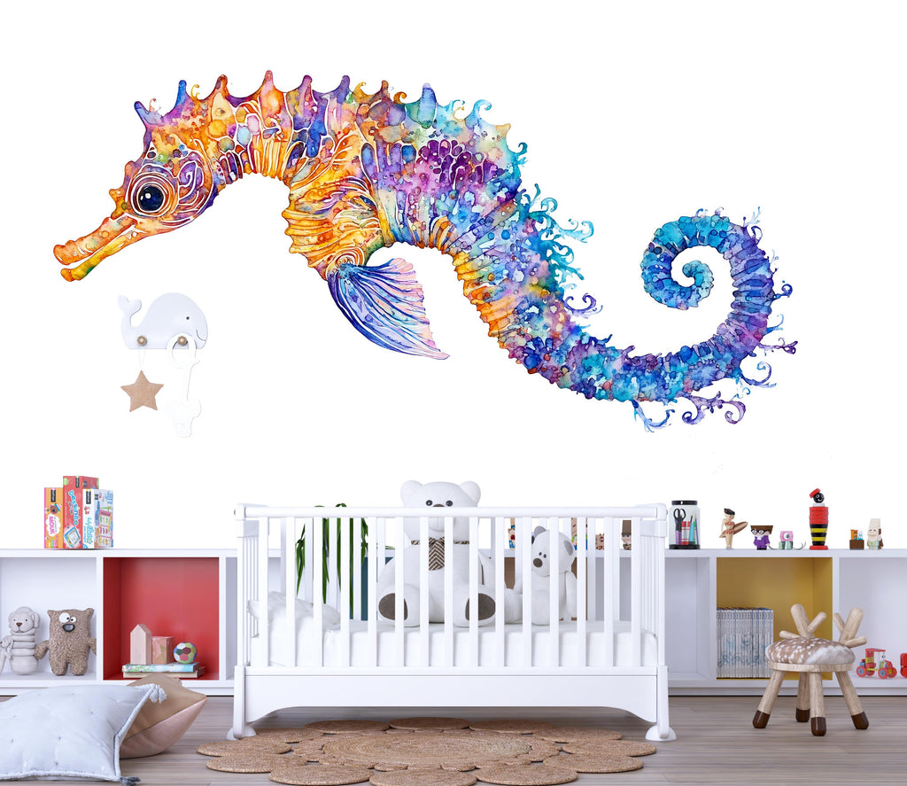 Watercolor Seahorse Wall Decal for Kids Room | Ocean Nursery Peel & Stick Wall Sticker | Colorful Sea Animal Mural | Playroom Underwater