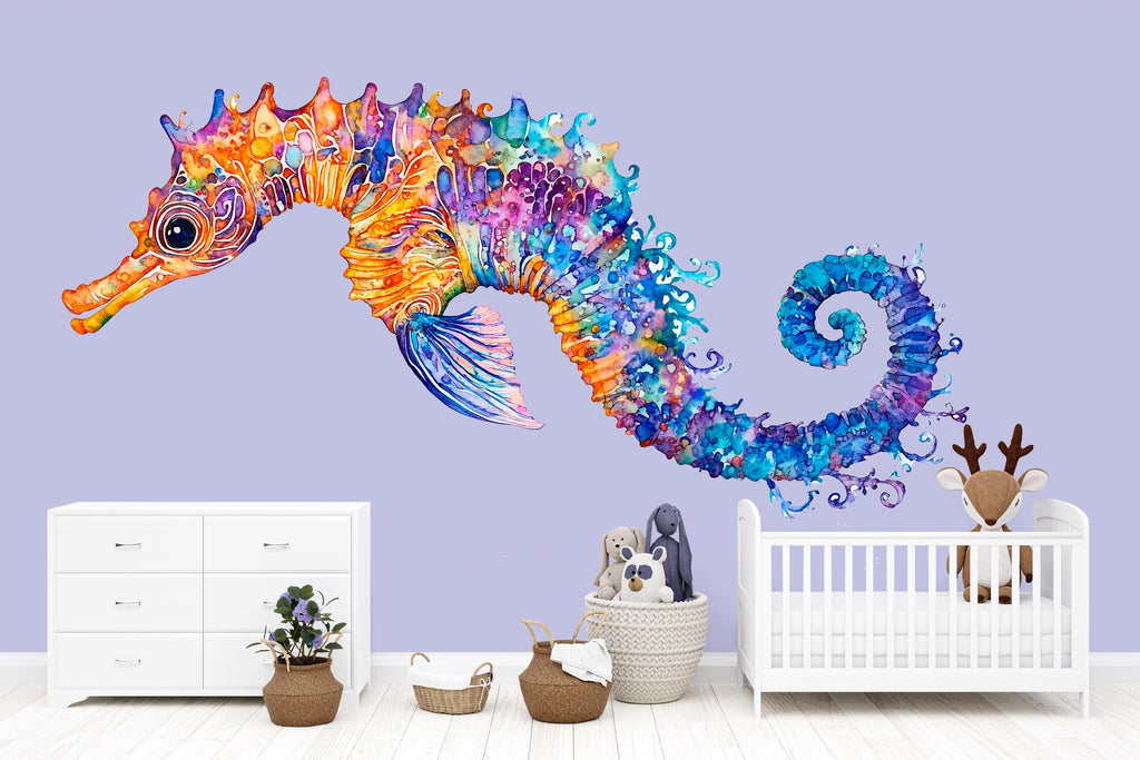 Watercolor Seahorse Wall Decal for Kids Room | Ocean Nursery Peel & Stick Wall Sticker | Colorful Sea Animal Mural | Playroom Underwater
