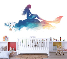 Load image into Gallery viewer, Watercolor Mermaid Wall Decal For Nursery Or Kids Room, Ocean Fantasy Wall Sticker, Under The Sea Girl Bedroom Decor, Peel And Stick Wall