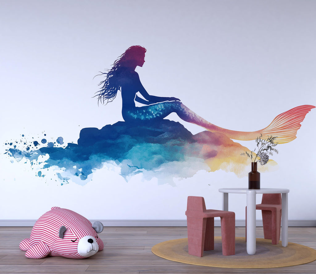 Watercolor Mermaid Wall Decal For Nursery Or Kids Room, Ocean Fantasy Wall Sticker, Under The Sea Girl Bedroom Decor, Peel And Stick Wall