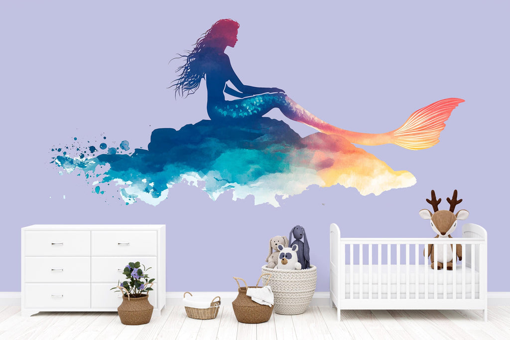 Watercolor Mermaid Wall Decal For Nursery Or Kids Room, Ocean Fantasy Wall Sticker, Under The Sea Girl Bedroom Decor, Peel And Stick Wall