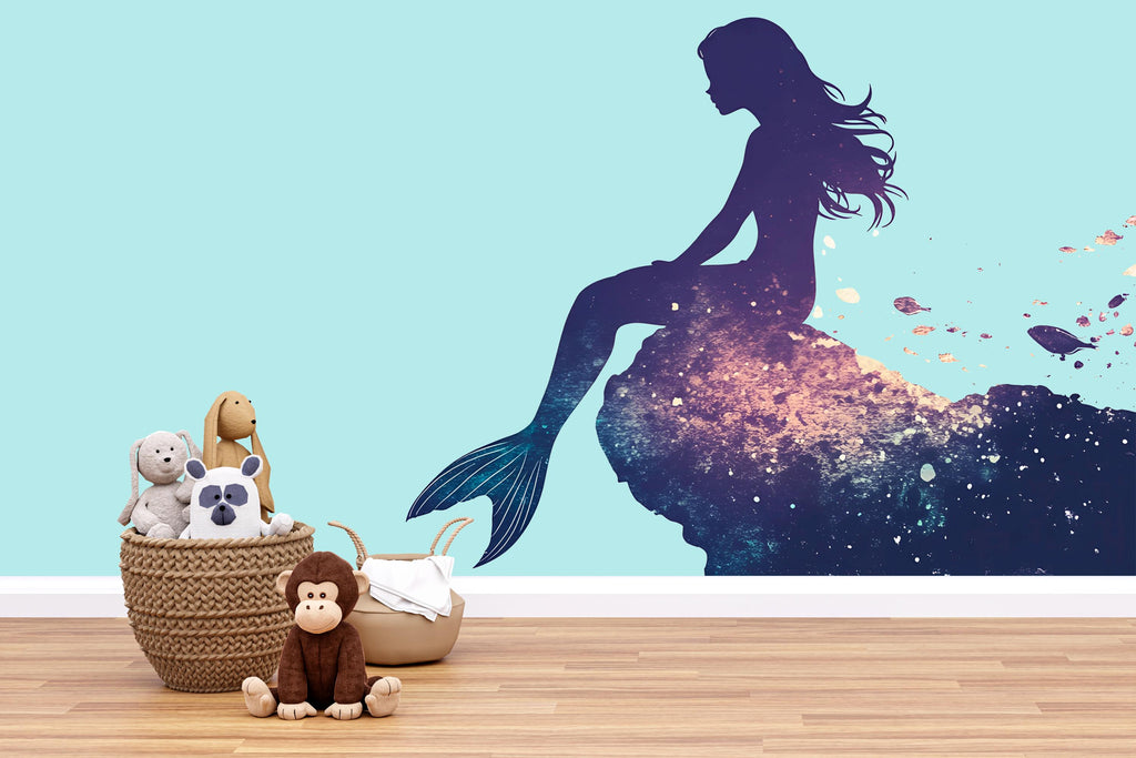 Night Ocean Mermaid Wall Decal For Nursery Or Kids Room, Fantasy Underwater Wall Sticker, Mermaid Silhouette Wall Art, Peel And Stick Decor