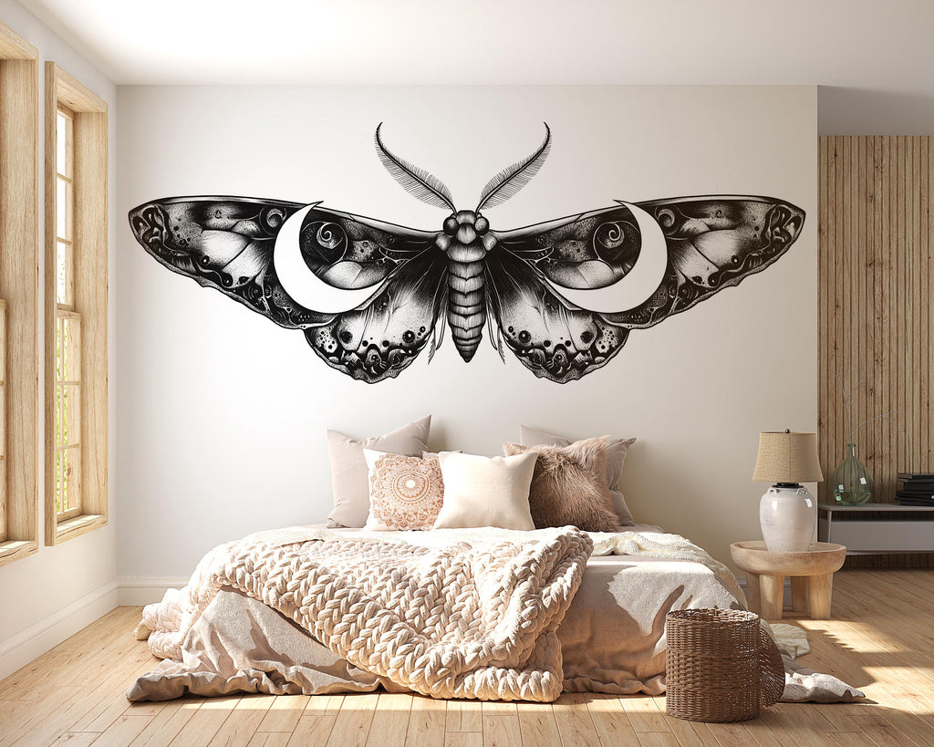 Gothic Lunar Moth Wall Decal, Moon Moth Wall Sticker, Dark Botanical Wall Art, Celestial Insect Wall Decor, Peel And Stick Wall Decal