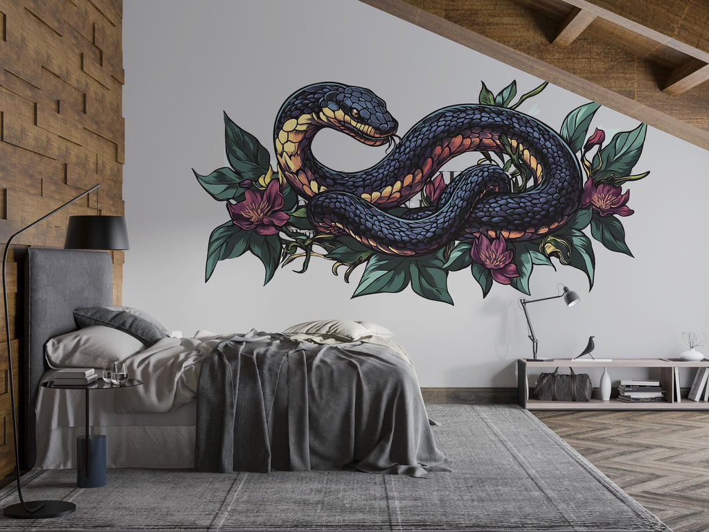 Floral Snake Wall Decal, Botanical Serpent Wall Sticker, Elegant Snake Wall Art, Dark Floral Nature Decor, Peel And Stick Wall Decal