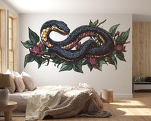 Load image into Gallery viewer, Floral Snake Wall Decal, Botanical Serpent Wall Sticker, Elegant Snake Wall Art, Dark Floral Nature Decor, Peel And Stick Wall Decal