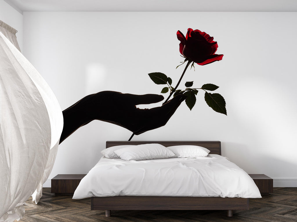 Black Hand Red Rose Wall Decal, Dark Romantic Wall Art Sticker, Gothic Floral Wall Decor, Surreal Rose Wall Decal, Peel And Stick Art