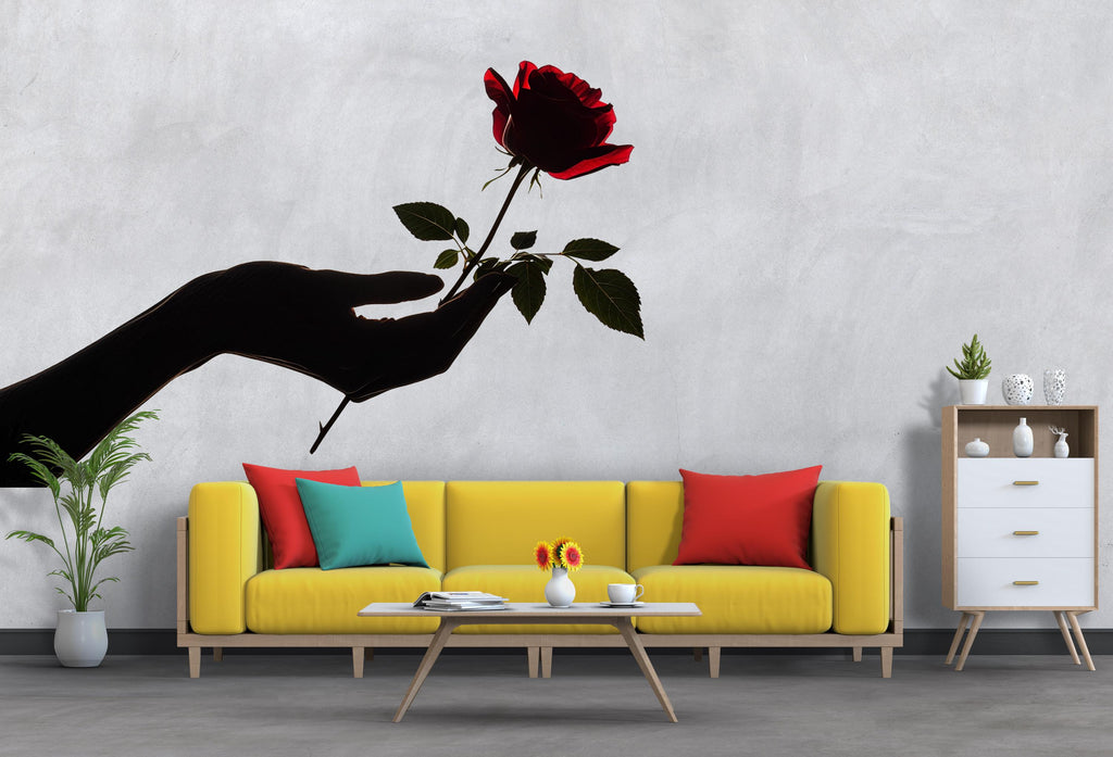 Black Hand Red Rose Wall Decal, Dark Romantic Wall Art Sticker, Gothic Floral Wall Decor, Surreal Rose Wall Decal, Peel And Stick Art