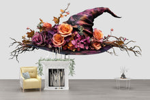 Load image into Gallery viewer, Floral Witch Hat Wall Decal, Enchanted Rose Wall Sticker, Gothic Cottagecore Wall Art, Fantasy Floral Wall Decal, Peel And Stick Decor