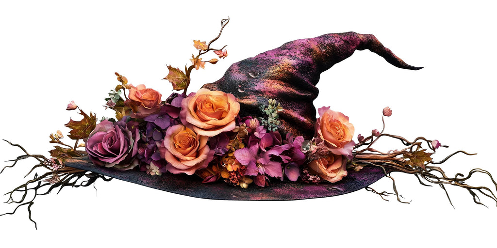 Floral Witch Hat Wall Decal, Enchanted Rose Wall Sticker, Gothic Cottagecore Wall Art, Fantasy Floral Wall Decal, Peel And Stick Decor