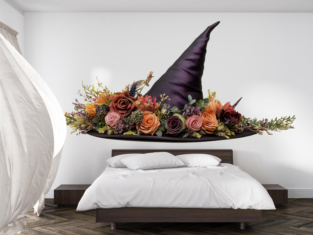 Floral Witch Hat Wall Decal, Enchanted Floral Wall Sticker, Gothic Cottagecore Wall Art, Fantasy Witch Decor, Peel And Stick Wall Decal