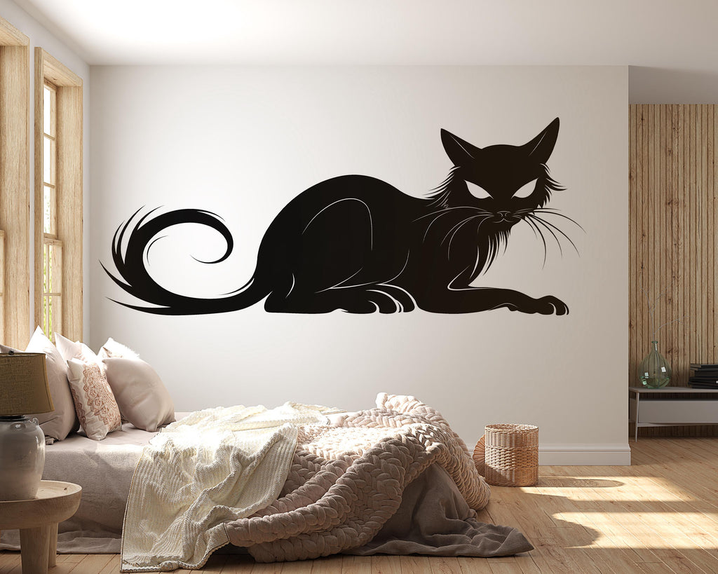 Black Cat Wall Decal, Witchy Cat Wall Sticker, Gothic Cat Silhouette Wall Art, Halloween Cat Decor, Minimal Peel And Stick Wall Decal