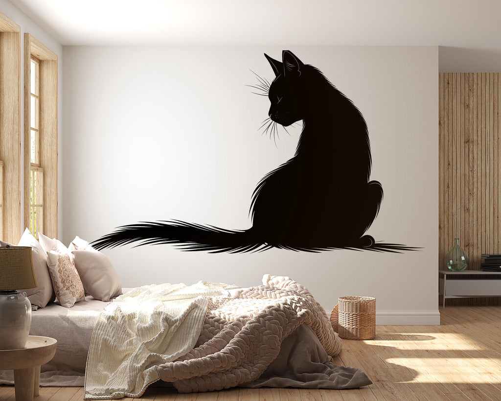Black Cat Wall Decal, Minimal Cat Silhouette Wall Sticker, Modern Cat Wall Art, Gothic Cat Decor, Peel And Stick Wall Decal