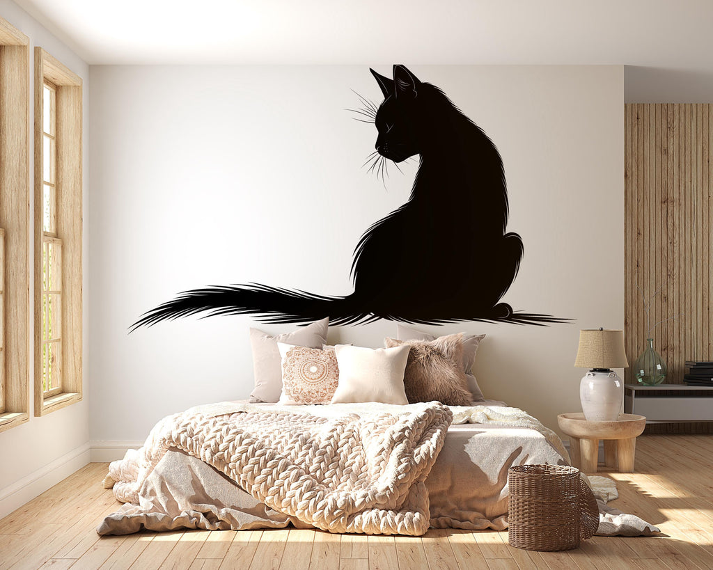 Black Cat Wall Decal, Minimal Cat Silhouette Wall Sticker, Modern Cat Wall Art, Gothic Cat Decor, Peel And Stick Wall Decal