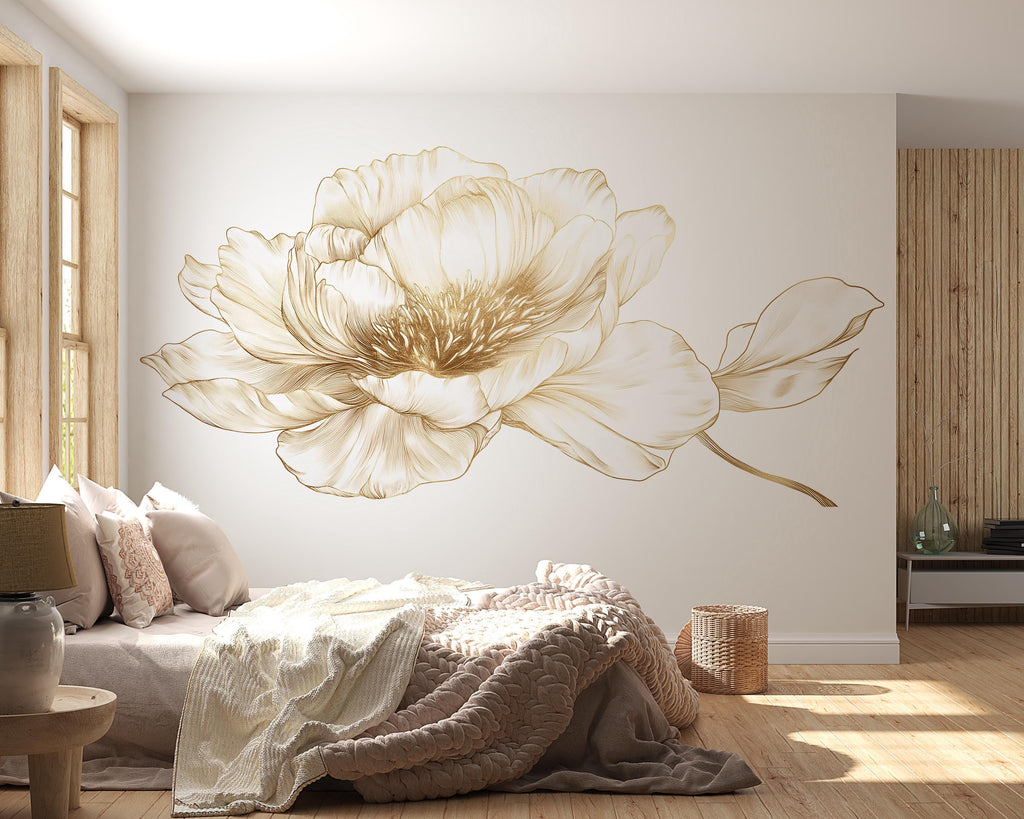 Minimalist Floral Wall Decal, Gold Line Art Flower Wall Sticker, Elegant Botanical Wall Art, Modern Bedroom Wall Decor, Peel And Stick Wall