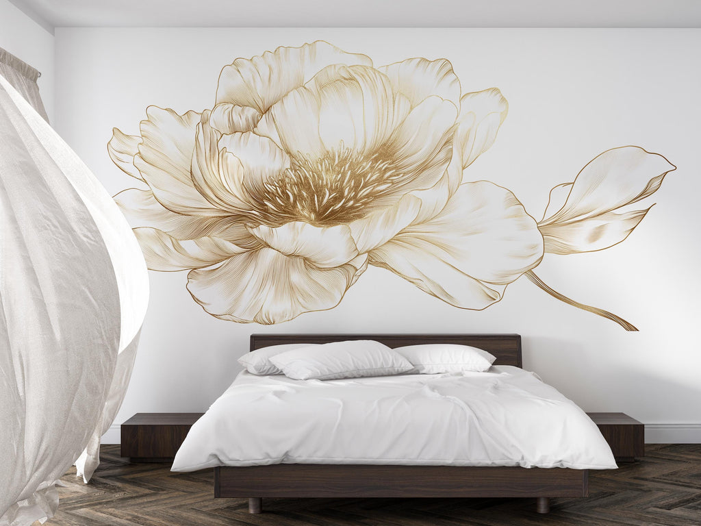 Minimalist Floral Wall Decal, Gold Line Art Flower Wall Sticker, Elegant Botanical Wall Art, Modern Bedroom Wall Decor, Peel And Stick Wall