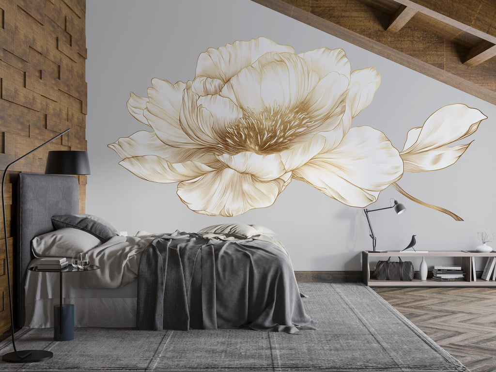 Minimalist Floral Wall Decal, Gold Line Art Flower Wall Sticker, Elegant Botanical Wall Art, Modern Bedroom Wall Decor, Peel And Stick Wall