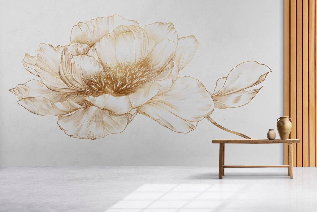 Minimalist Floral Wall Decal, Gold Line Art Flower Wall Sticker, Elegant Botanical Wall Art, Modern Bedroom Wall Decor, Peel And Stick Wall