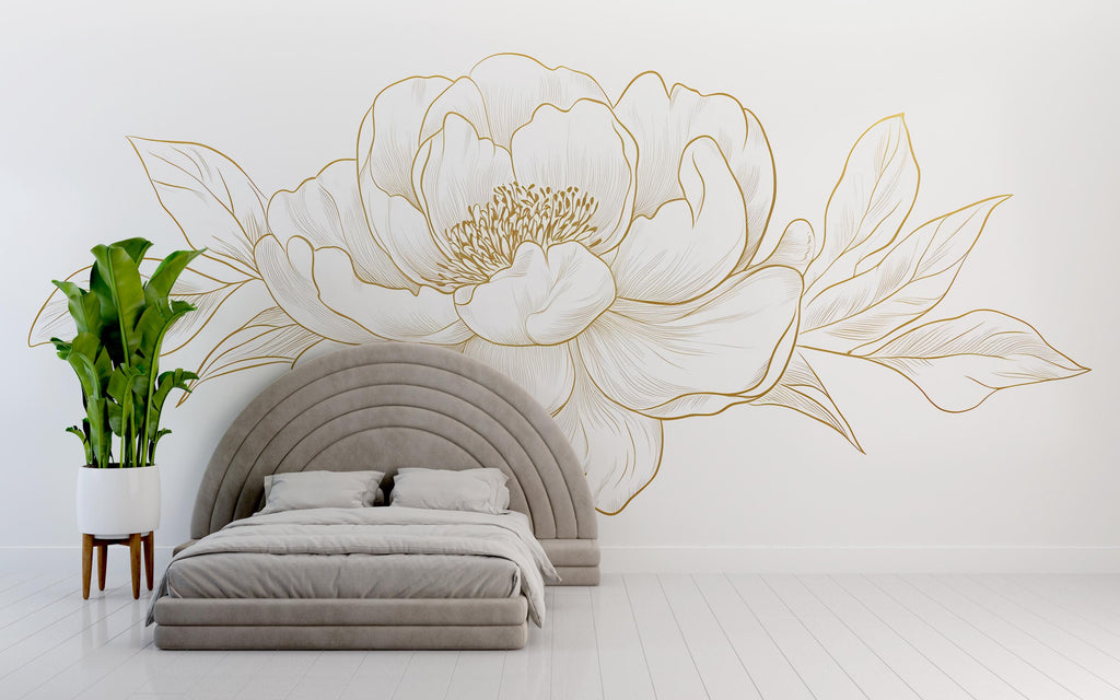 Minimalist Floral Wall Decal, Gold Line Art Flower Wall Sticker, Elegant Botanical Wall Art, Modern Bedroom Wall Decor, Peel And Stick Wall