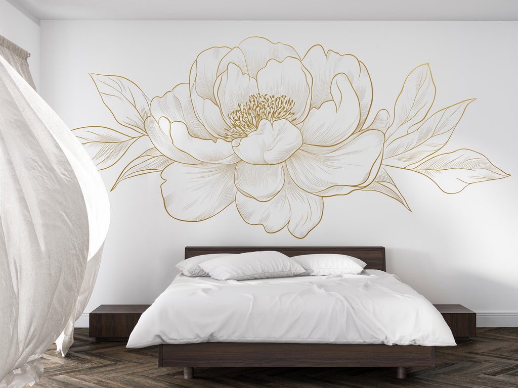 Minimalist Floral Wall Decal, Gold Line Art Flower Wall Sticker, Elegant Botanical Wall Art, Modern Bedroom Wall Decor, Peel And Stick Wall